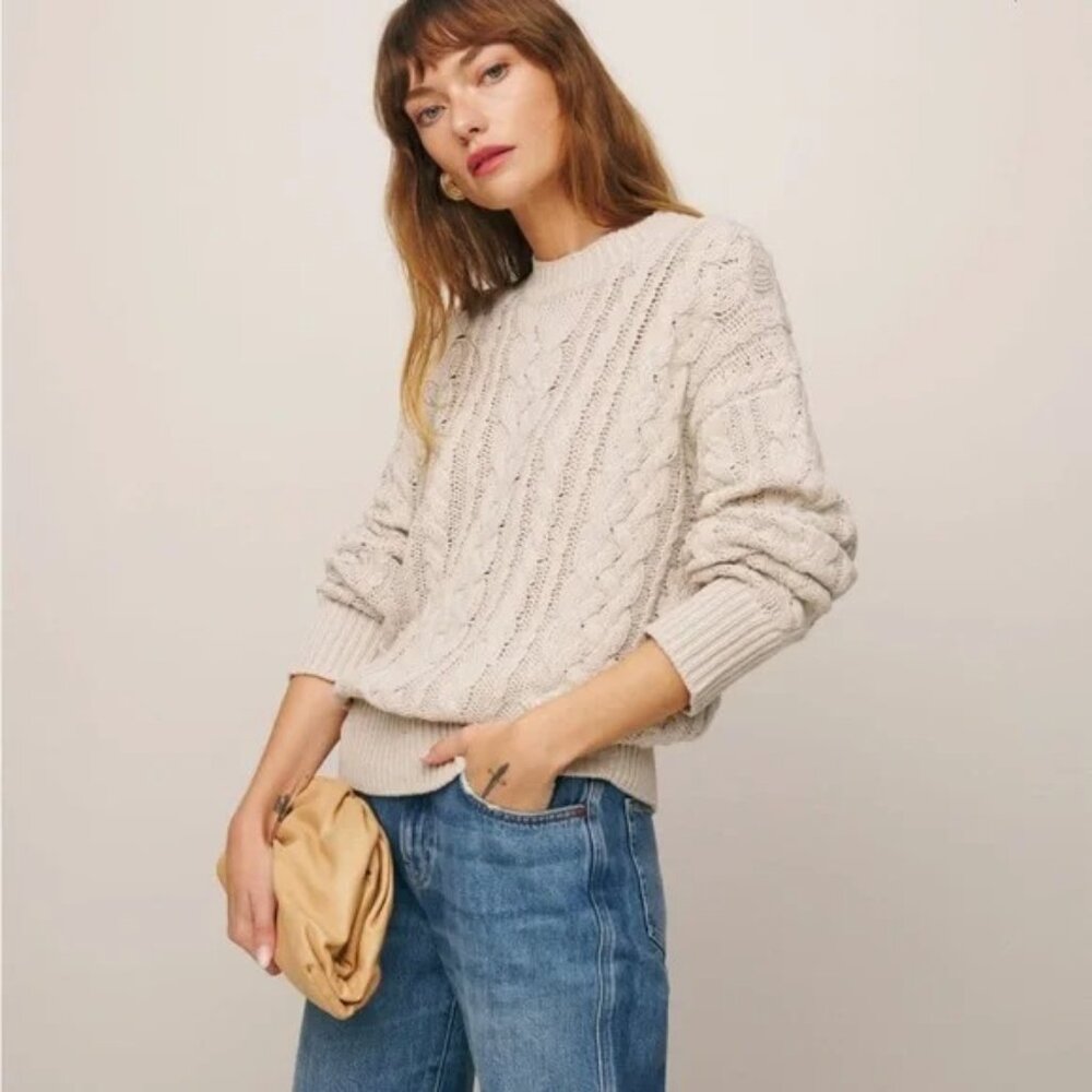 Reformation Sam Cotton Cashmere Oversized Crew Sweater in Gossamer Cable Size XL